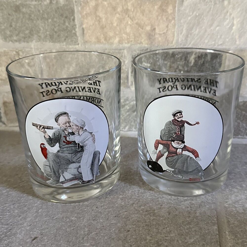 Norman Rockwell Saturday Evening Post Glass Tumbler Glassware Collection Set 2